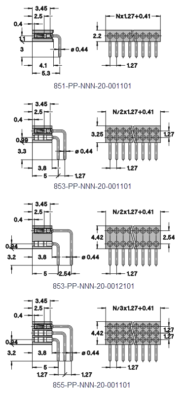 Mechanical Drawing - Preci-Dip 85x Right Angle Solder Tail PCB Connectors